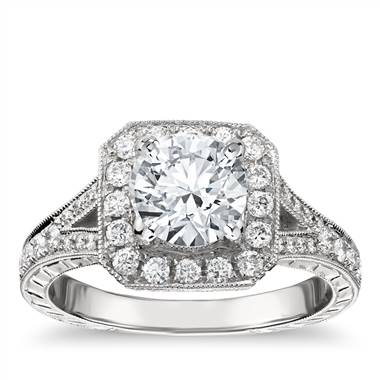 Hand-Engraved Milgrain Diamond Halo Engagement Ring in 14k White Gold (3/8 ct. tw.)