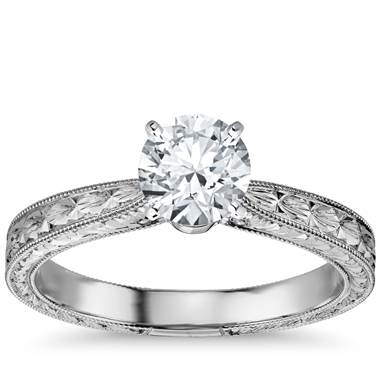 Hand-Engraved Solitaire Engagement Ring in 14k White Gold