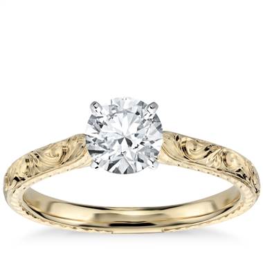 Hand-Engraved Solitaire Engagement Ring in 18K Yellow Gold