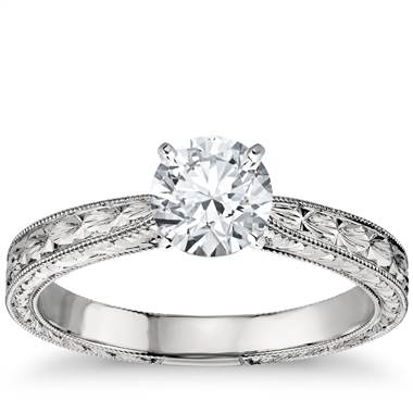 Hand-Engraved Solitaire Engagement Ring in Platinum