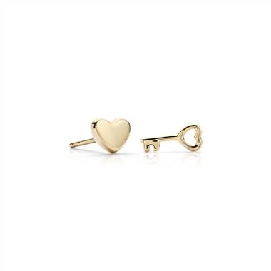 "Heart and Key Mismatched Stud Earrings in 14k Yellow Gold "