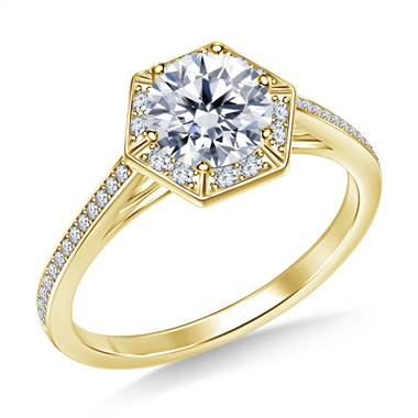 Hexagon Halo Engagement Ring in 14K Yellow Gold