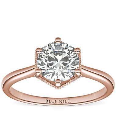 Hexagon Halo Solitaire Diamond Engagement Ring in 14k Rose Gold