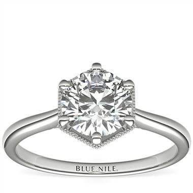 Hexagon Halo Solitaire Diamond Engagement Ring  in 14k White Gold