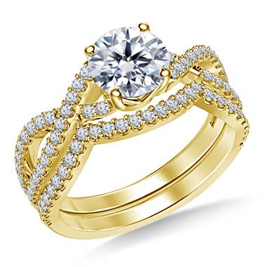 Infinity Twist Split Shank Diamond Ring with Matching Band in 14K Yellow Gold