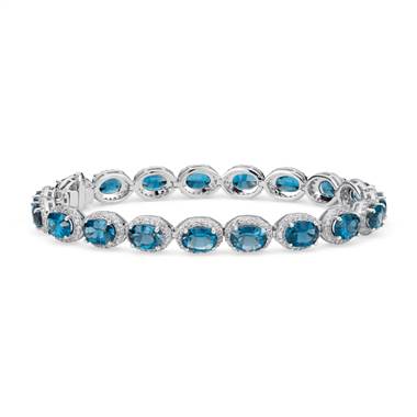 London Blue Topaz and White Topaz Halo Bracelet in Sterling Silver (7x5mm)