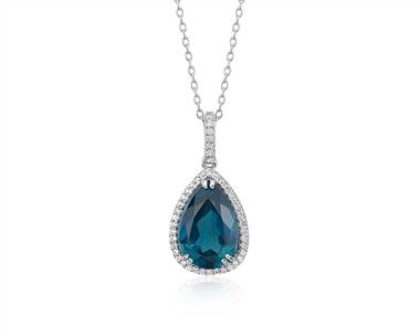 London Blue Topaz Elegant Halo Pendant Necklace In Sterling Silver (14X9mm)