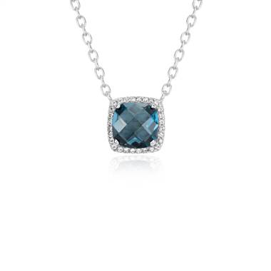 London Blue Topaz Halo Necklace in Sterling Silver (8x8mm)