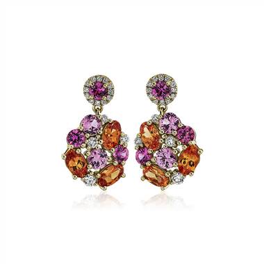 "Mandarin Garnet and Pink Sapphire Cluster Drop Earrings in 18k Yellow Gold"