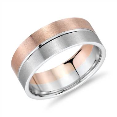 "Matte Two-Tone Polished Rail Wedding Band in 14k White and Rose Gold (8mm)"