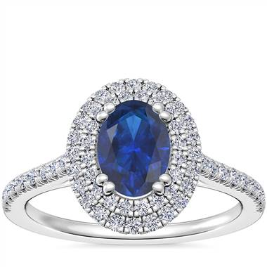 Micropave Double Halo Diamond Engagement Ring with Oval Sapphire in Platinum (7x5mm)