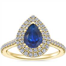 Micropave Double Halo Diamond Engagement Ring with Pear-Shaped Sapphire in 14k Yellow Gold (7x5mm) | Blue Nile