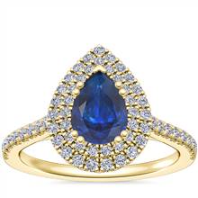Micropave Double Halo Diamond Engagement Ring with Pear-Shaped Sapphire in 14k Yellow Gold (7x5mm) | Blue Nile