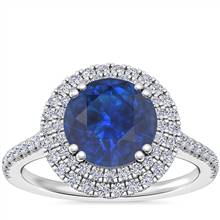 Micropave Double Halo Diamond Engagement Ring with Round Sapphire in 14k White Gold (8mm) | Blue Nile