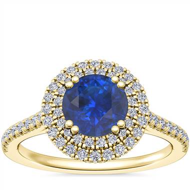 Micropave Double Halo Diamond Engagement Ring with Round Sapphire in 14k Yellow Gold (6mm)