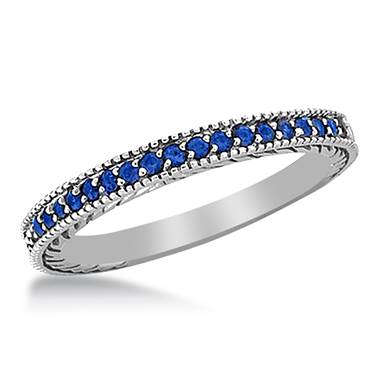Milgrain Border 14K White Gold Blue Sapphire Ring