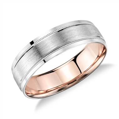 "Milgrain Brushed Inlay Wedding Ring in Platinum and 18k Rose Gold (6mm)"