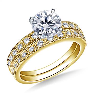Milgrain Edged Diamond Engagement Ring with Matching Band in 14K Yellow Gold (1/3 cttw.)