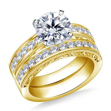Milgrained Channel Set Round Diamond Ring with Matching Band in 18K Yellow Gold (3/4 cttw)
