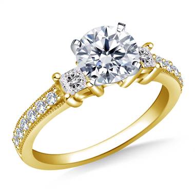 Milgrained Diamond Ring with Princess Cut Accents in 18K Yellow Gold (1/2 cttw.)