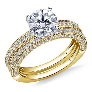 Milgrained Pave Set Diamond Ring with Matching Band in 14K Yellow Gold (1 1/3 cttw.)