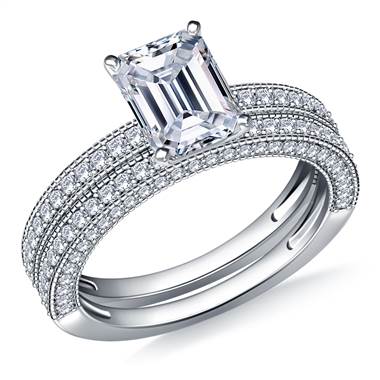 Milgrained Pave Set Diamond Ring with Matching Band in 18K White Gold (1 1/3 cttw.)