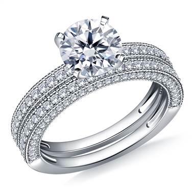 Milgrained Pave Set Diamond Ring with Matching Band in Platinum (1 1/3 cttw.)