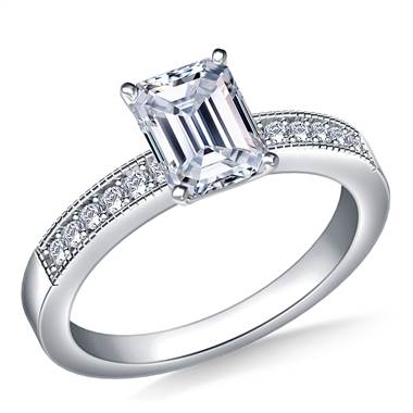 Milgrained Pave Set Round Diamond Engagement Ring in 18K White Gold (1/4 cttw.)
