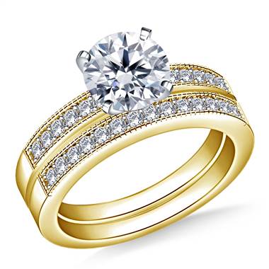 Milgrained Pave Set Round Diamond Ring with Matching Band in 14K Yellow Gold (1/2 cttw.)