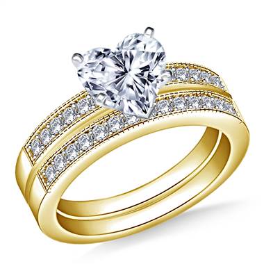 Milgrained Pave Set Round Diamond Ring with Matching Band in 18K Yellow Gold (1/2 cttw.)