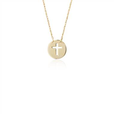 "Mini Disk Cross Necklace in 14k Yellow Gold"