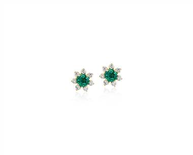 Mini Emerald Earrings With Diamond Blossom Halo In 14k Yellow Gold (3.5mm)