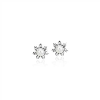 Mini Freshwater Pearl Earrings with Diamond Blossom Halo in 14k White Gold