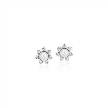 Mini Freshwater Pearl Earrings with Diamond Blossom Halo in 14k White Gold