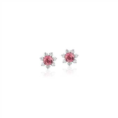 Mini Pink Tourmaline Earrings with Diamond Blossom Halo in 14k White Gold (3.5mm)