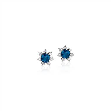 Mini Sapphire Earrings with Diamond Blossom Halo in 14k White Gold (3.5mm)