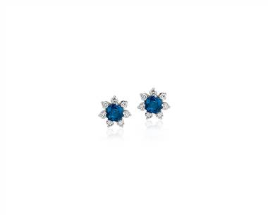 Mini Sapphire Earrings With Diamond Blossom Halo In 14k White Gold (3.5mm)
