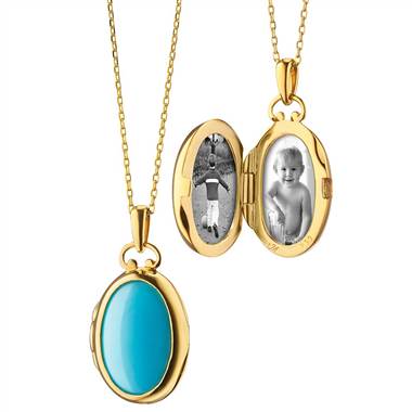 "Monica Rich Kosann Petite Turquoise and Mother of Pearl Locket in 18k Yellow Gold"