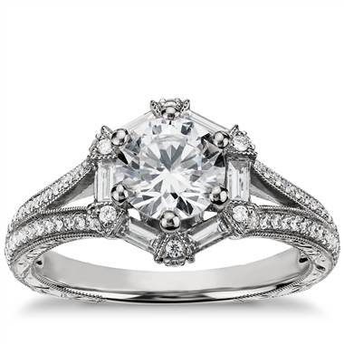 Monique Lhuillier Hexagon Baguette Diamond Engagement Ring in 18k White Gold