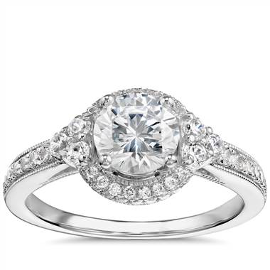 Monique Lhuillier Milgrain Halo Diamond Engagement Ring in Platinum