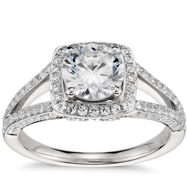 Monique Lhuillier Split Shank Halo Diamond Engagement Ring in Platinum