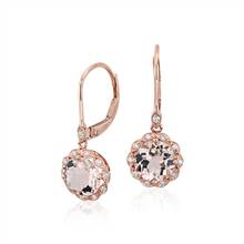 Morganite and Diamond Milgrain Halo Leverback Drop Earrings in 14k Rose Gold (7mm) | Blue Nile