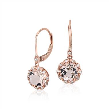 Morganite and Diamond Milgrain Halo Leverback Drop Earrings in 14k Rose Gold (7mm)