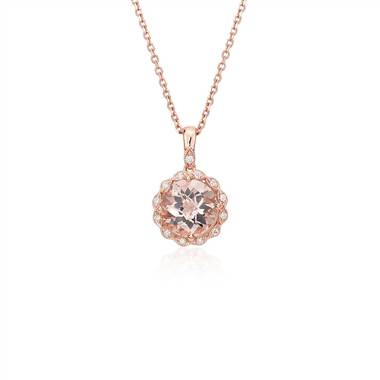Morganite and Diamond Milgrain Halo Pendant Necklace in 14k Rose Gold (8mm)
