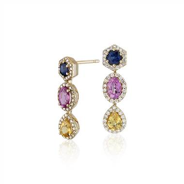 Multi-color Sapphire and Diamond Halo Drop Earrings in 18k Yellow Gold