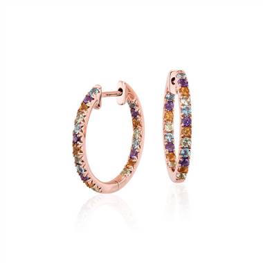 Multi-Gemstone Pave Hoop Earrings in 14k Rose Gold (1.5mm)