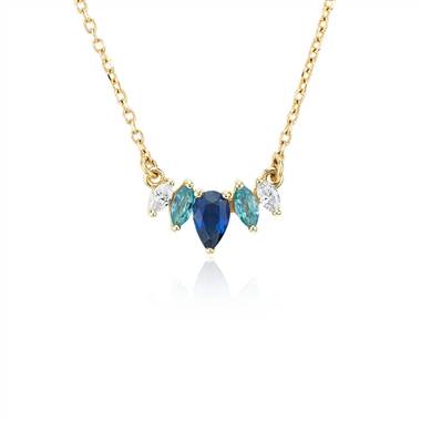 "Multi-Gemstone Sapphire and Diamond Necklace in 14k Yellow Gold (5x3mm)"