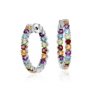 Multicolored Gemstone Hoop Earrings in Sterling Silver (2.5mm)