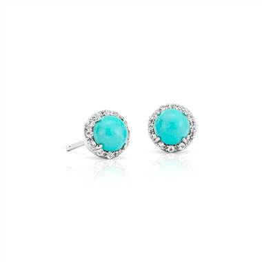 Natural Turquoise Button Stud Earrings in 14k White Gold (5mm)