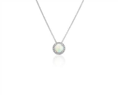 Opal and Diamond Halo Pendant Necklace In 14k White Gold (7mm)